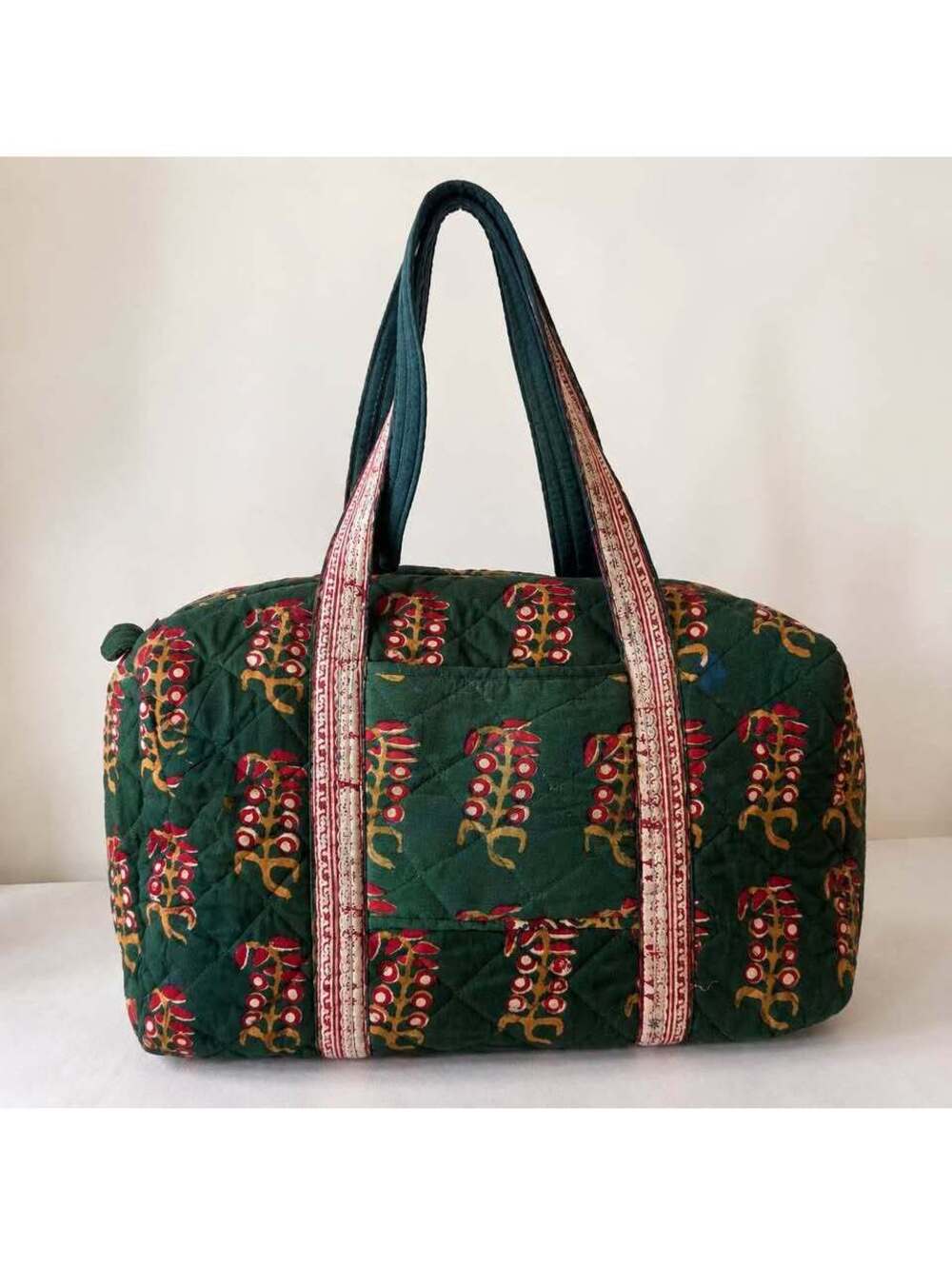 Vintage Indian Block Print Quilted Cotton Duffle Bag Boho Weekender Floral